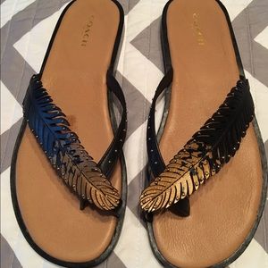 Coach black with gold accent feather sandals