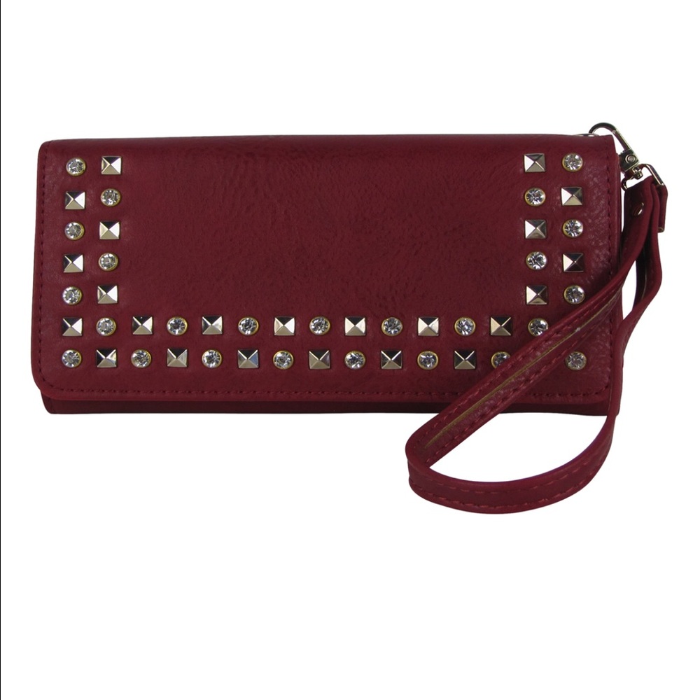 Dark Red Studded Rhinestone Look Fashion Wallet