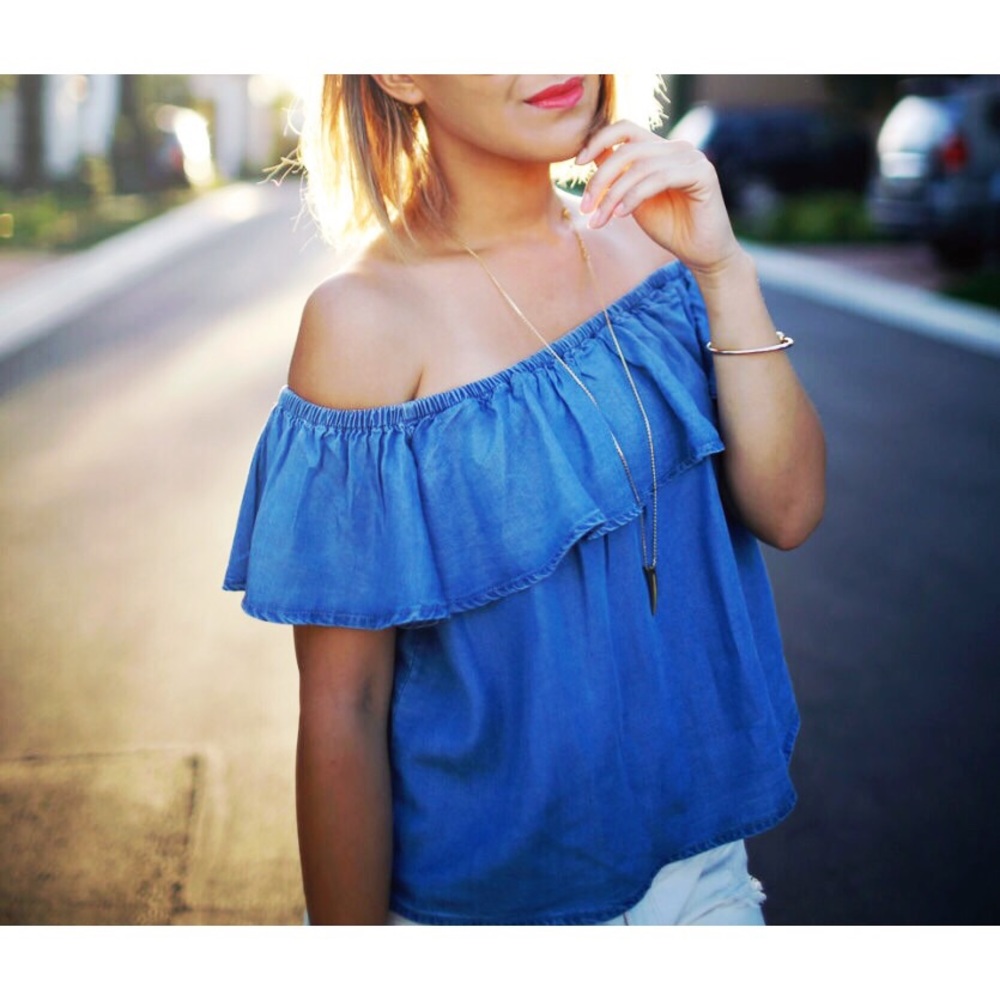 Boho Chambray Off Shoulder Ruffle Top S M L - Picture 1 of 2
