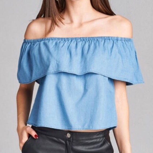 Boho Chambray Off Shoulder Ruffle Top S M L - Picture 2 of 2