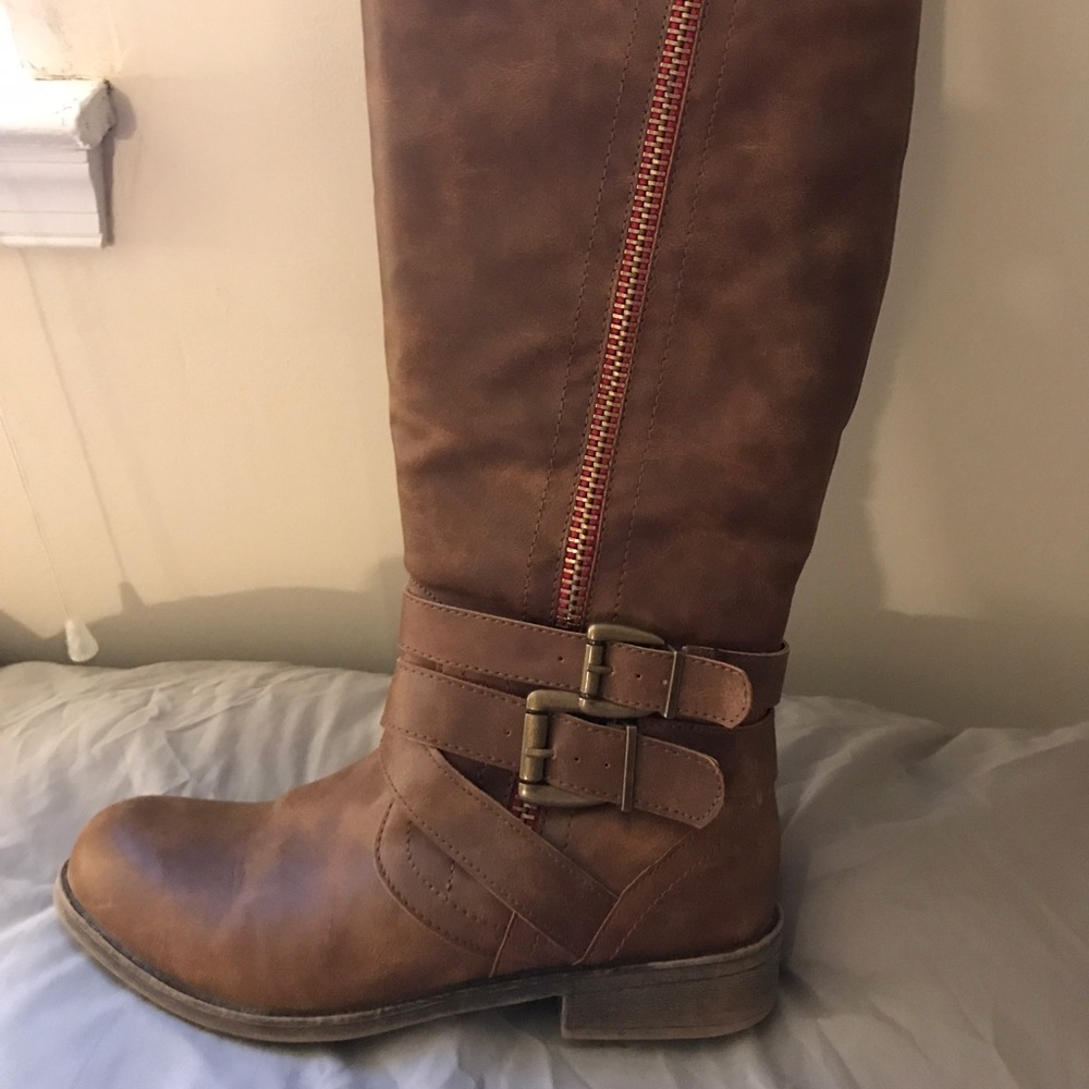 Madden Girl Brown Tall Riding Boots With Red Zip