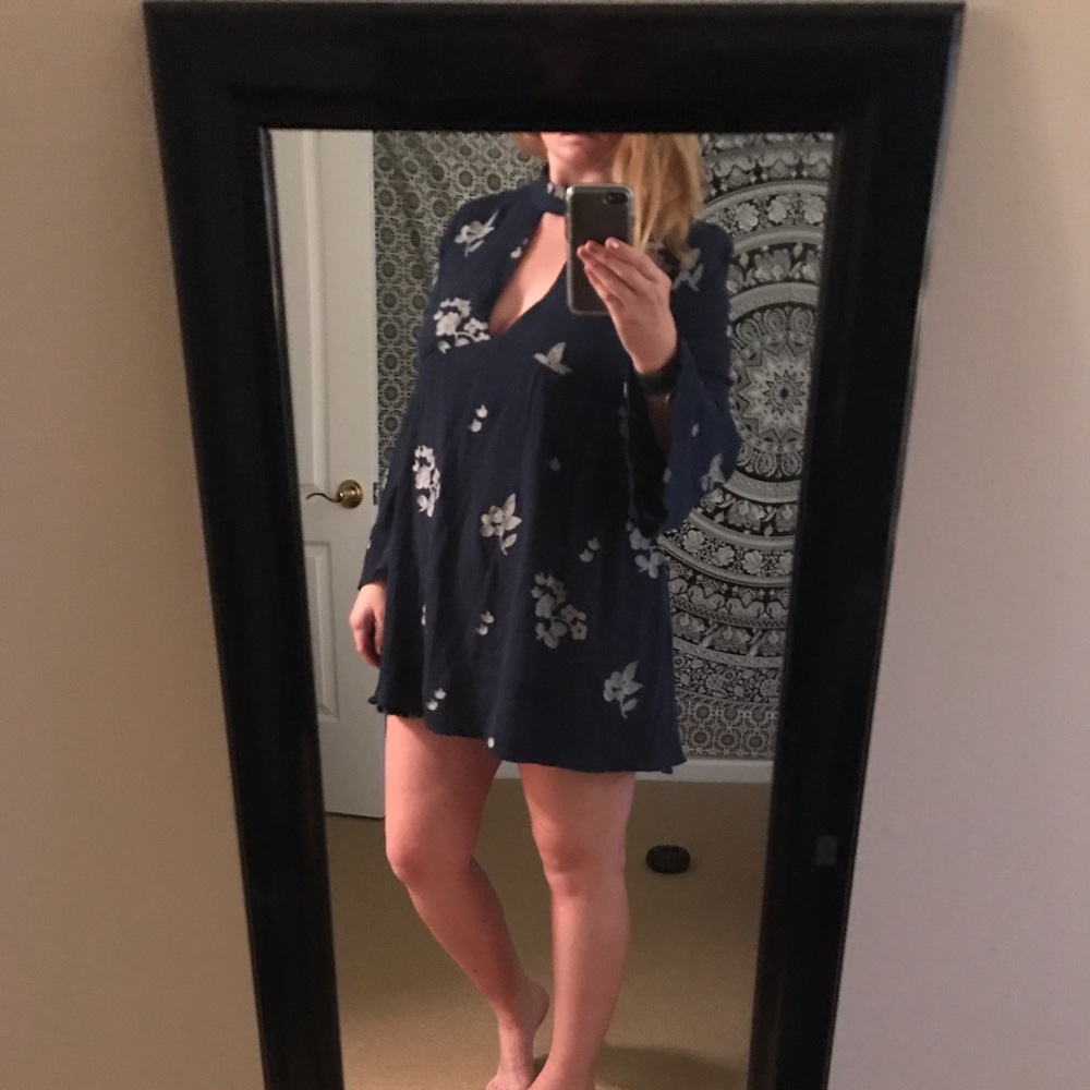 Navy Plunging Floral Bell Sleeve Dress