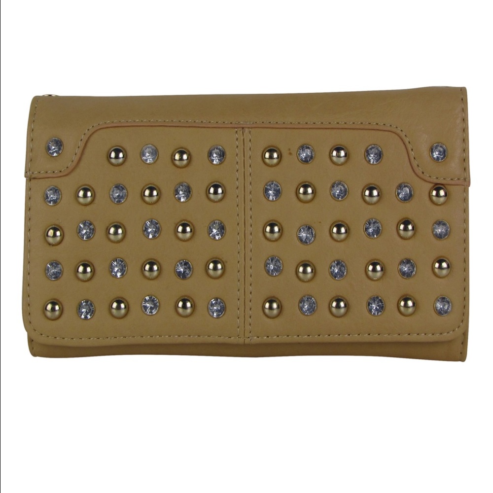 Tan Studded Rhinestone Look Fashion Wallet