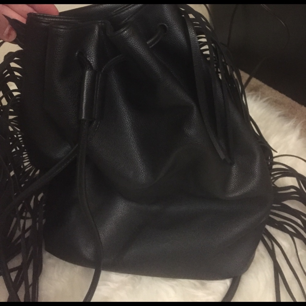 Victoria Secret Black Fringe Drawstring Backpack - Picture 2 of 3