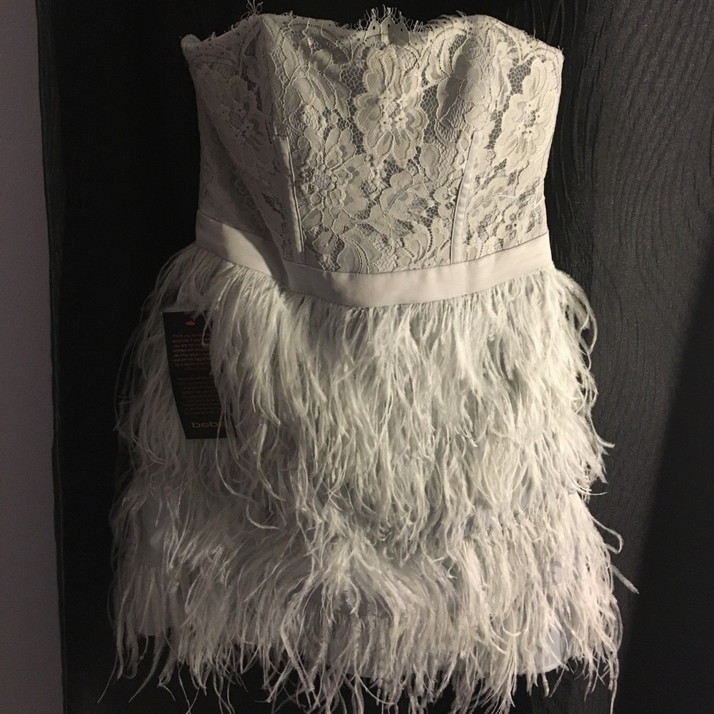 BEBE periwinkle lace/feathered dress