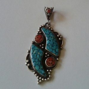 New HC Inlaid Turquoise/Carnelian *925SSO Pendant