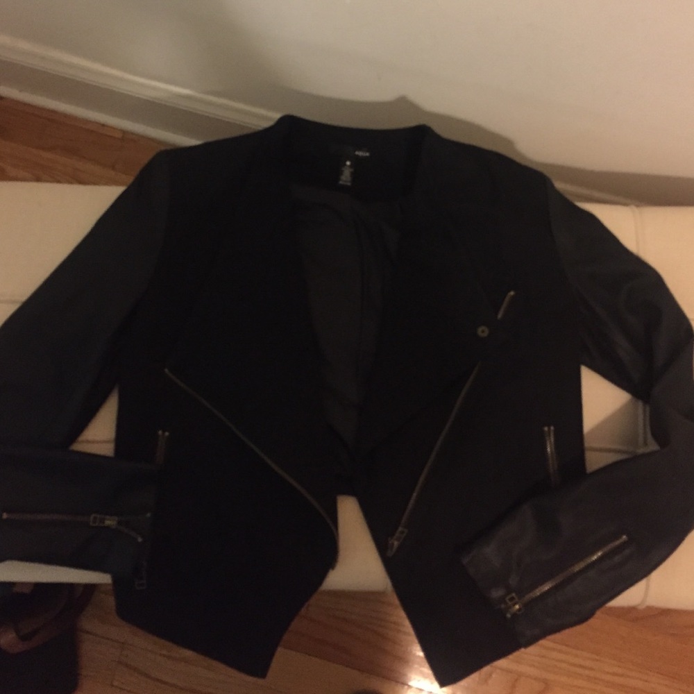 Aqua faux suede and leather moto jacket