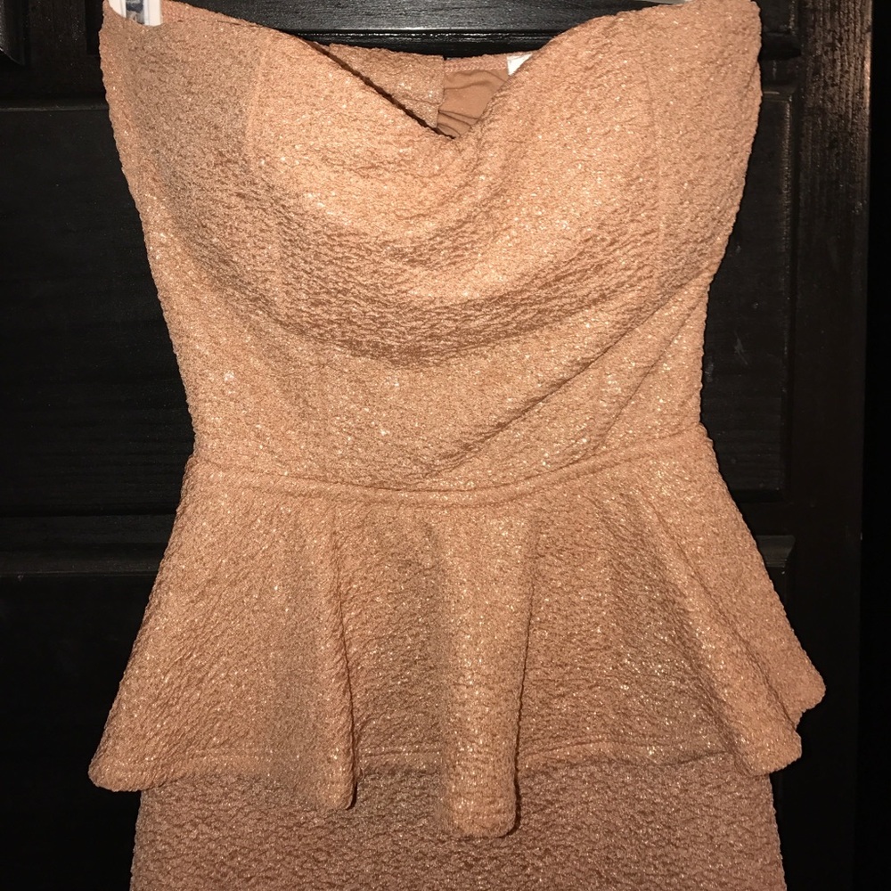 Nude Colored Peplum Mini Dress with Gold Flecks