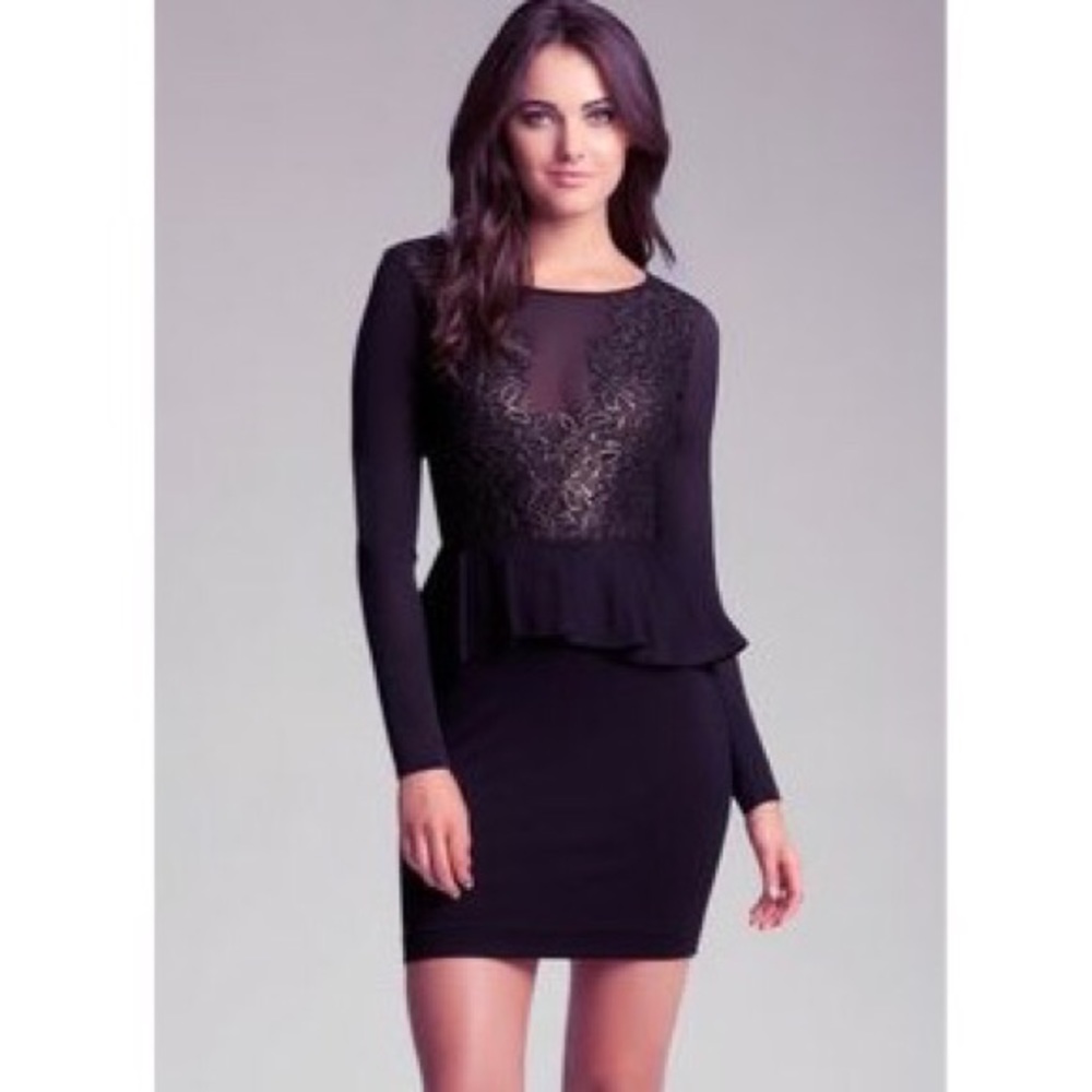 Bebe Black Mesh & Gold Embroidered Peplum Dress