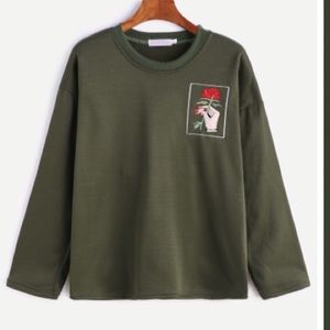 Army Green Rose Embroidered Sweater