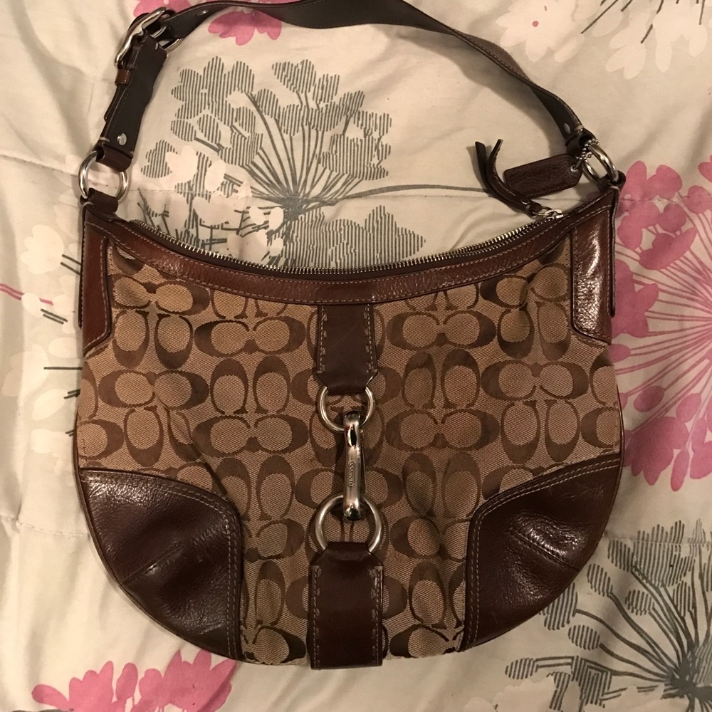 Brown Coach Hampton Signature Jacquard Clip Hobo