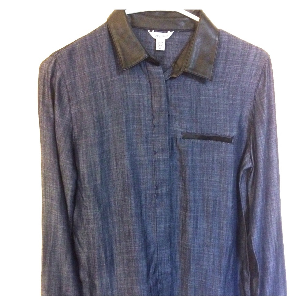 NWT Calvin Klein Denim w/ Leather Collar Button up