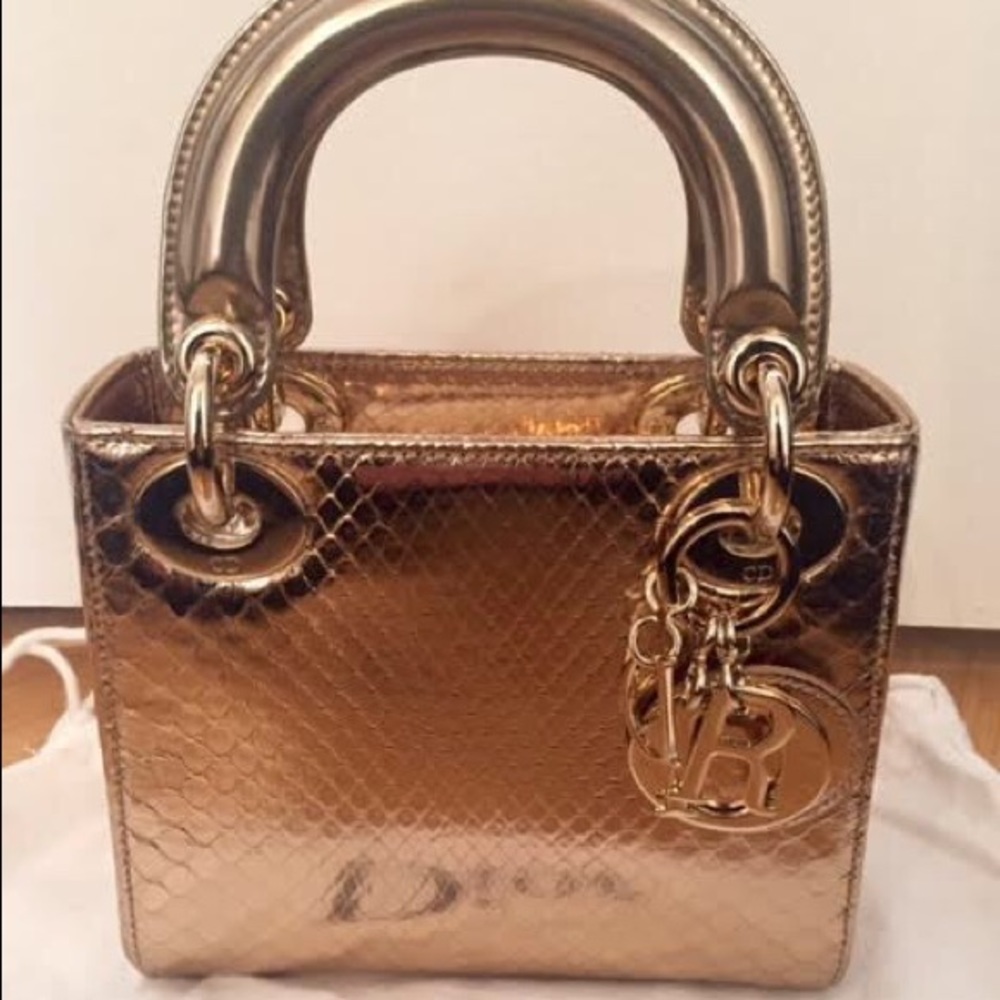 Dior Lady Dior Gold Shiny Python Snakeskin Handbag - Picture 1 of 8