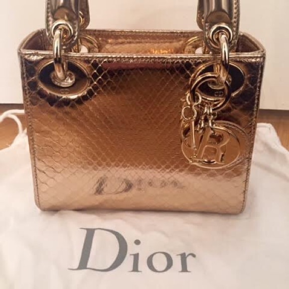 Dior Lady Dior Gold Shiny Python Snakeskin Handbag - Picture 2 of 8