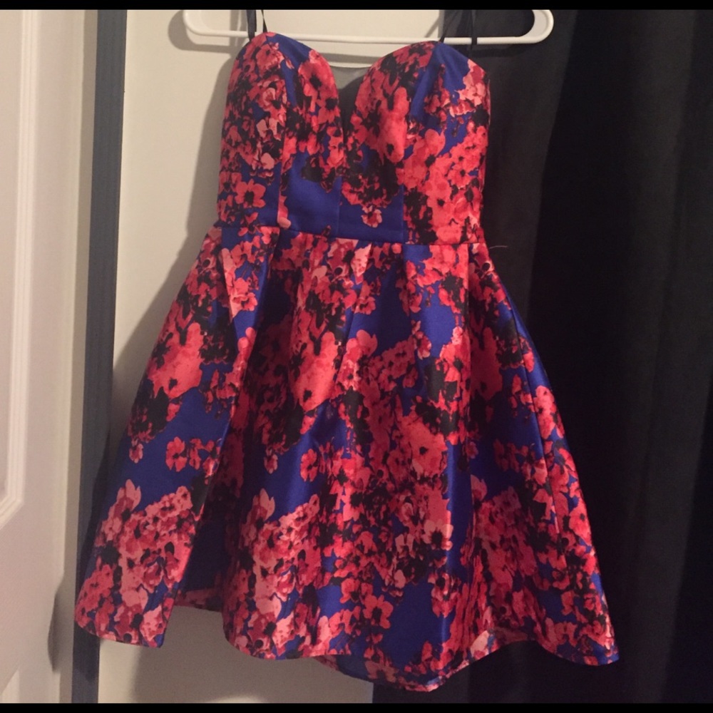 Strapless blue and pink homecoming dress
