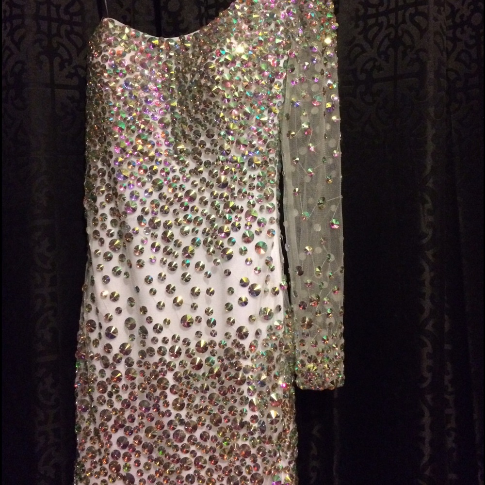 Short white formal dress with rhinestones