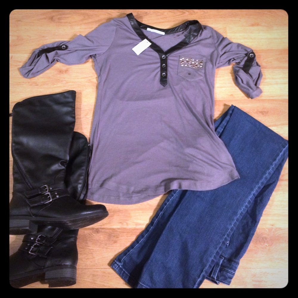 NWT Grey T-Shirt with Leather Trim