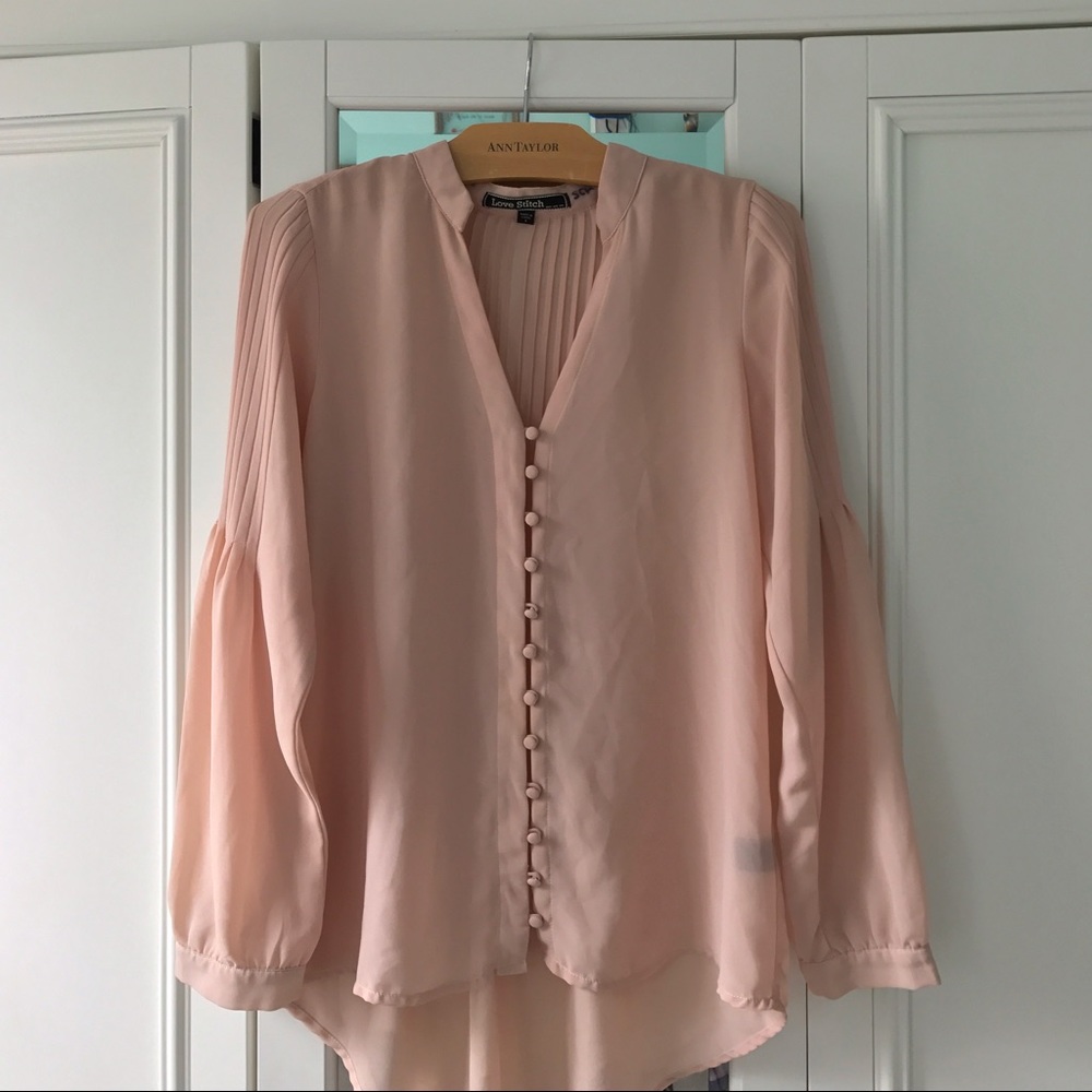 High - low sheer blush pleated button blouse