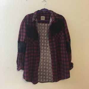 LF Furst of a Kind Plaid Lace Red Oversized Shirt