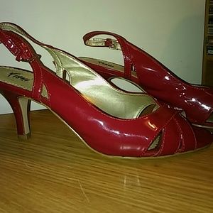 Red faux patent sandal heels