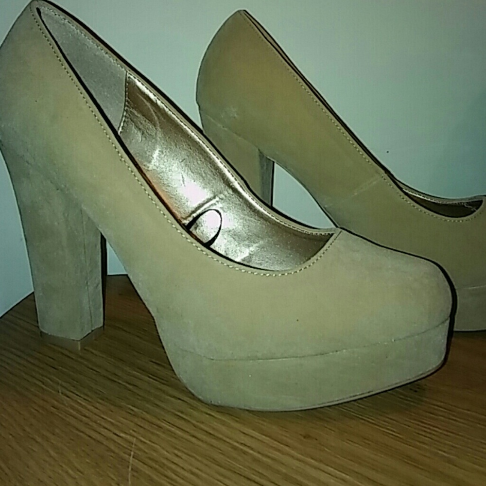 Beige faux suede high platform heels
