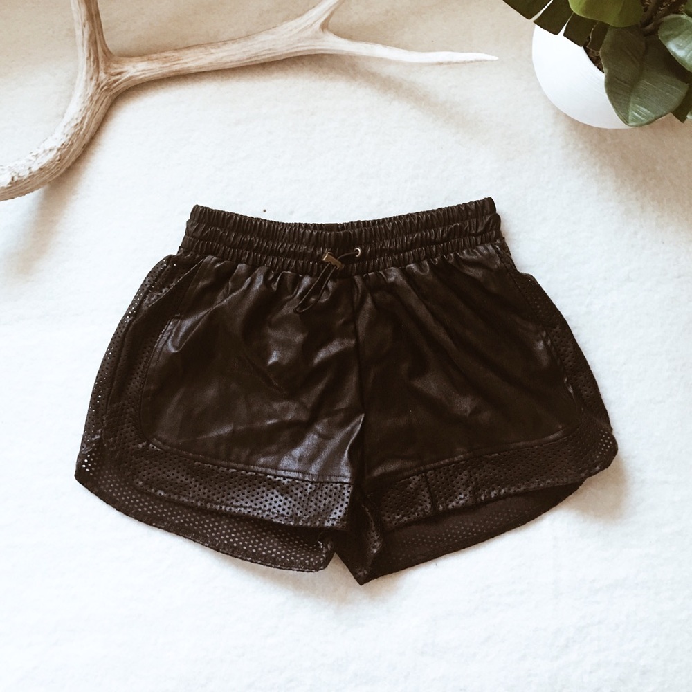 Faux leather sporty mesh shorts - black