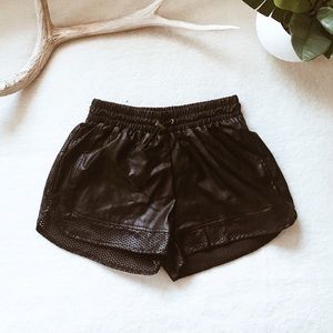 Faux leather sporty mesh shorts - black