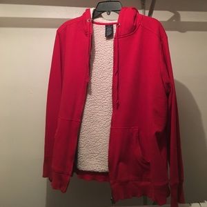 red fleece hoodie