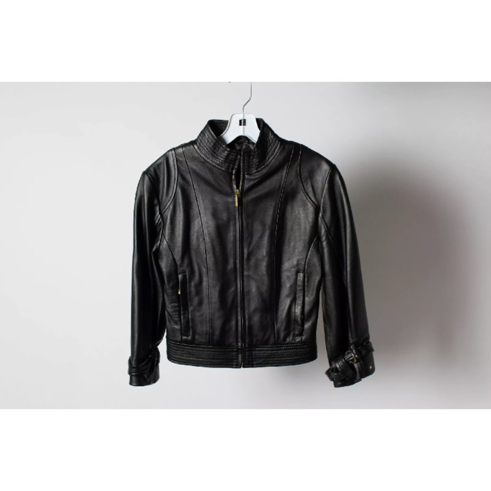 Arden B black lamb leather decal sleeve Zip up XS