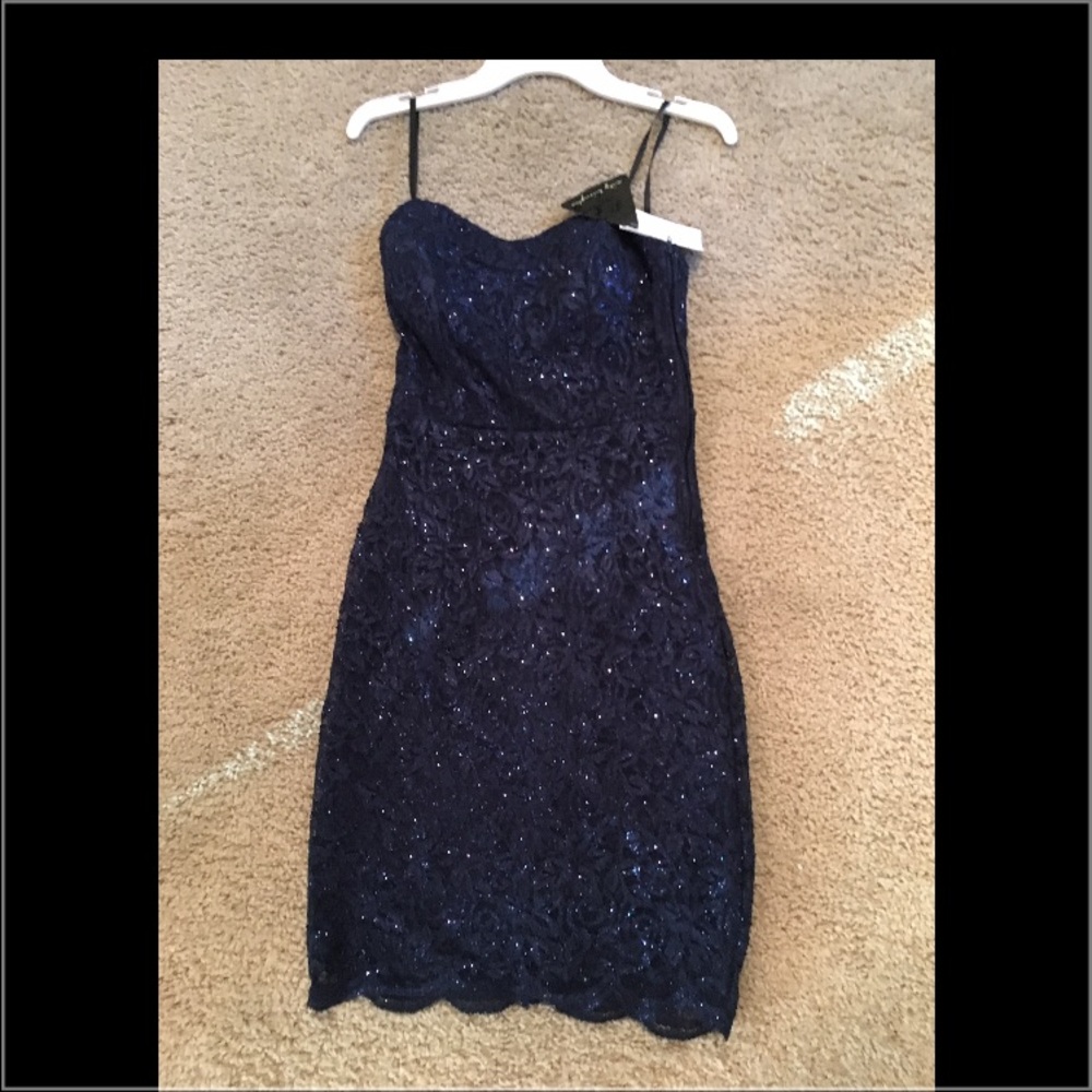 Navy blue lace sparkly strapless body con dress