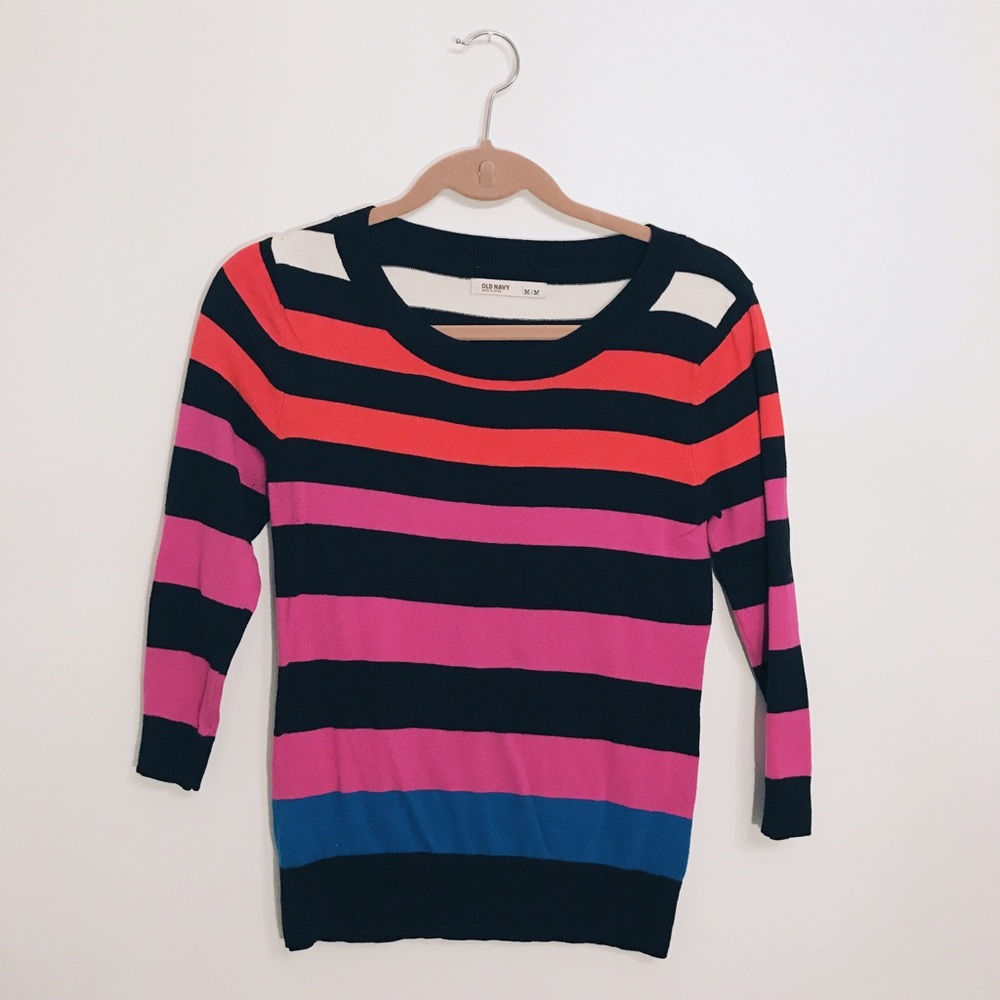 Old Navy Striped Black 3/4 Sleeve Sweater