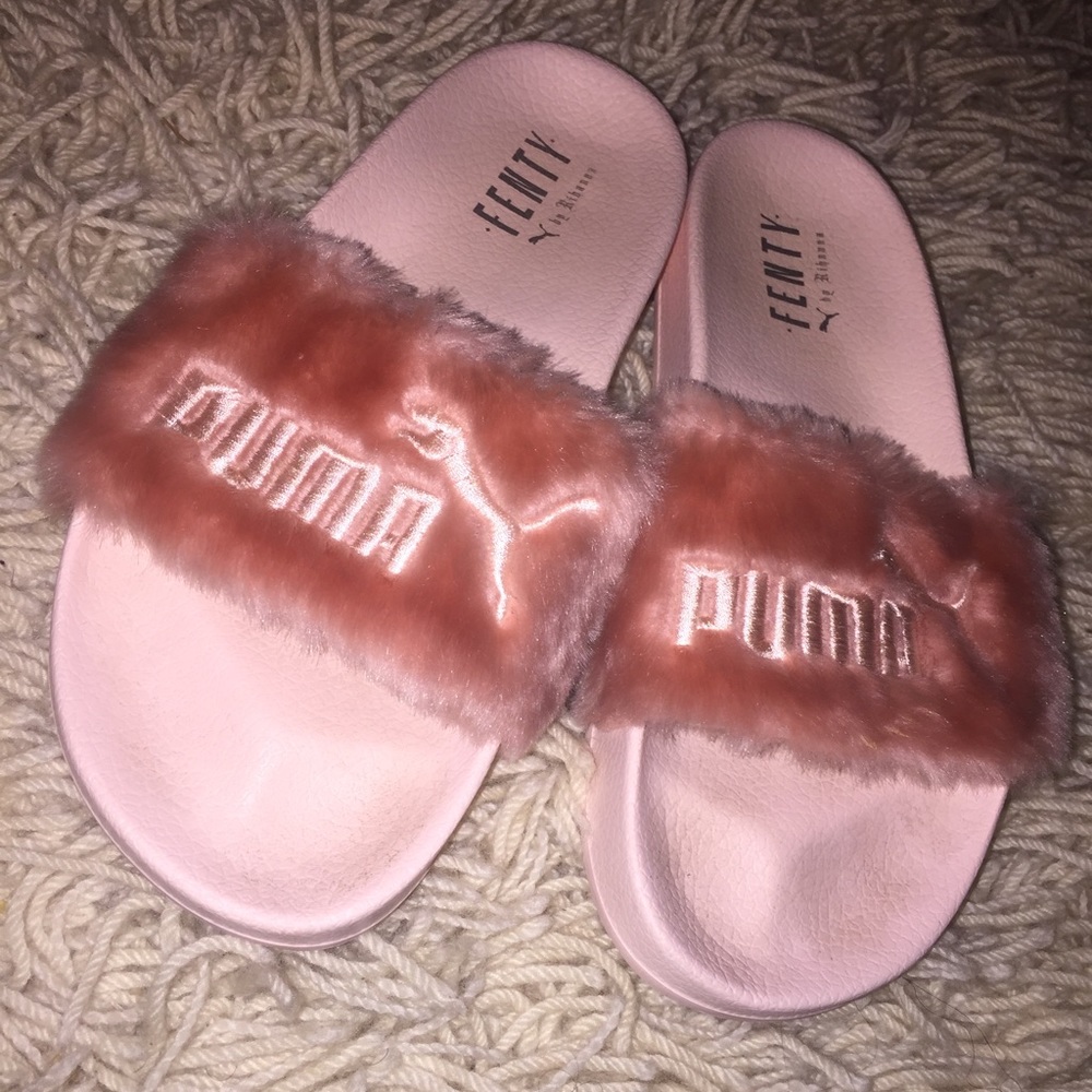 Rihanna Fenty pink fur slides by Puma
