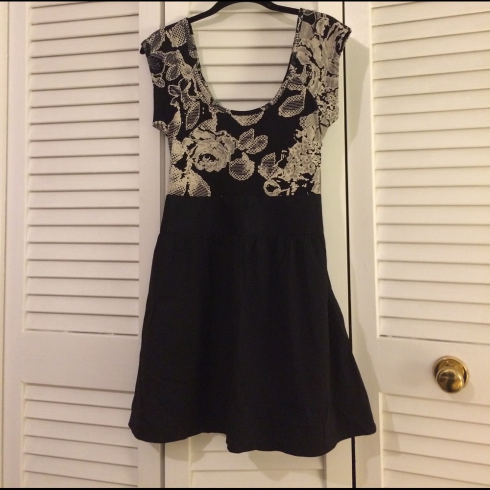 Express black mini swing dress w/ faux lace print
