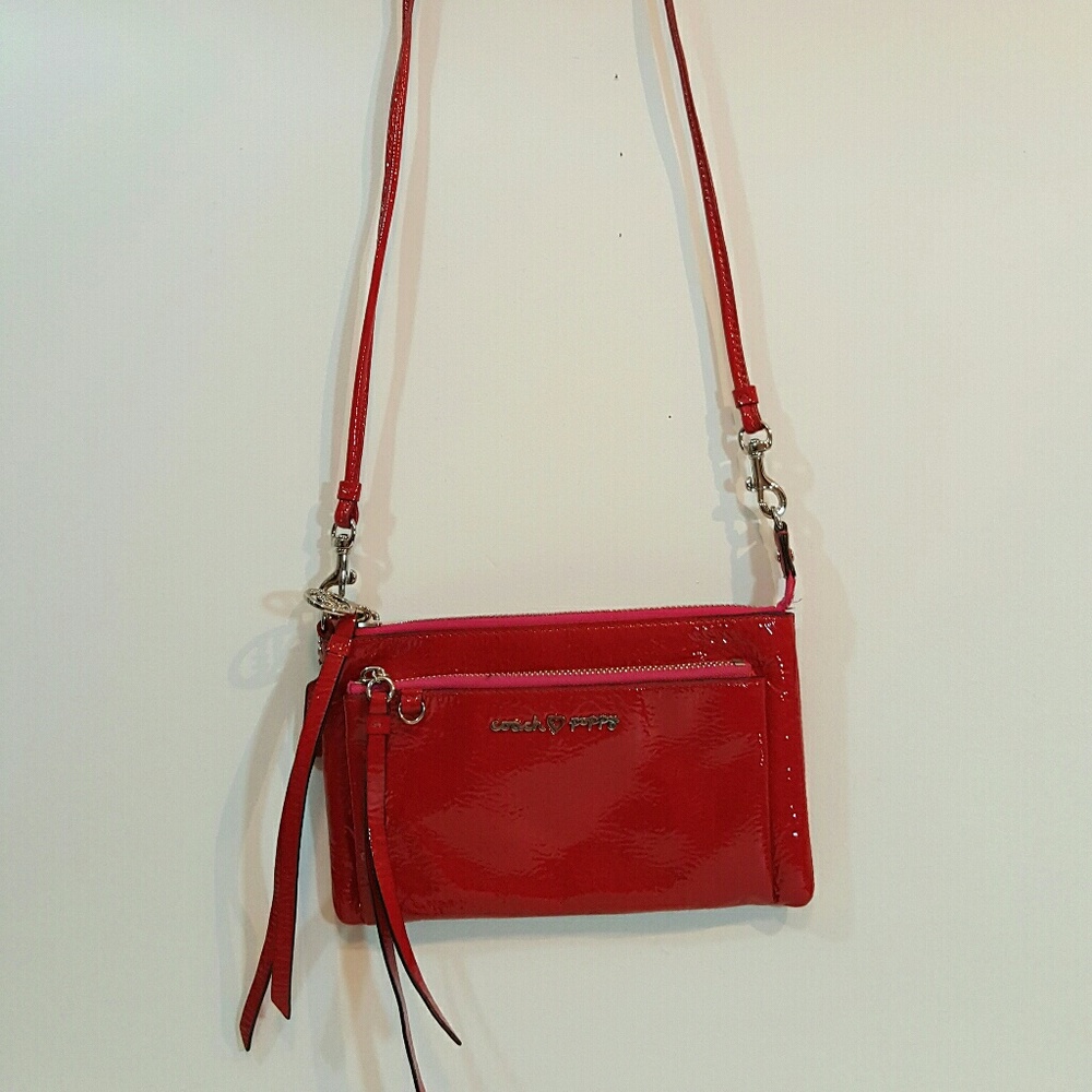 Coach poppy red patent w/pink trim crossbody