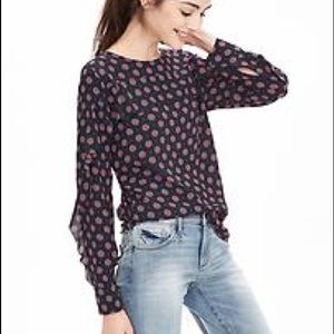 Banana Republic navy print blouse with ruffle