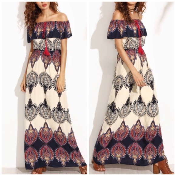 New| OFF SHOULDER MULTI RUFFLE MAXI DRESS - Picture 2 of 5