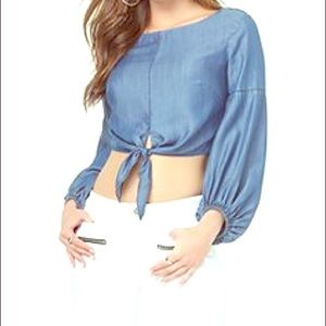 Bebe Denim Tie Front Crop Top Shirt