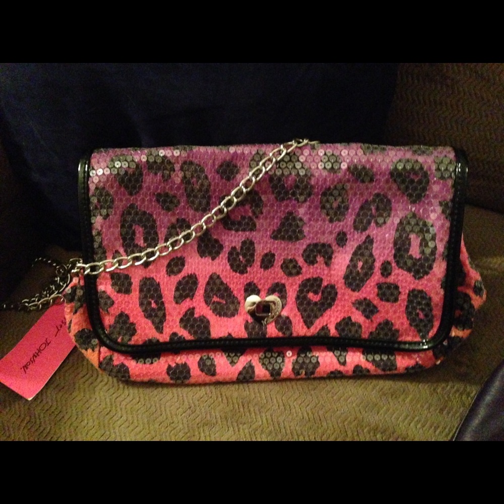 Betsy Johnson pink leopard print sequin bag