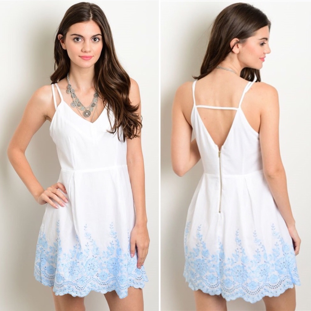 🌟SALE🌟 White Sky Blue Embroidered Lace Sun Dress