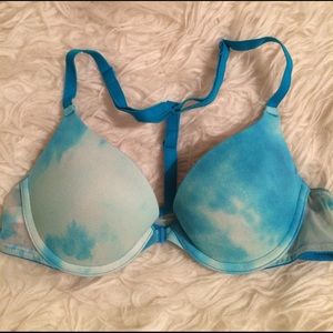 34a PINK tie dye front close blue bra