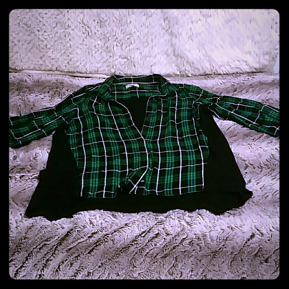 Green and black plaid button shirt with knit back