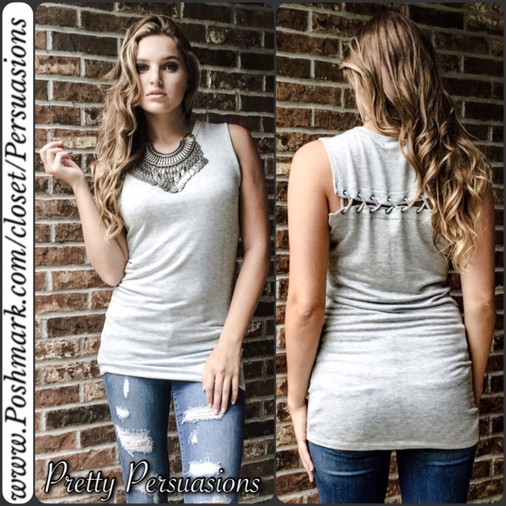 SALE‼️ Heather Gray Sleeveless Lace Up Back Top - Picture 2 of 3
