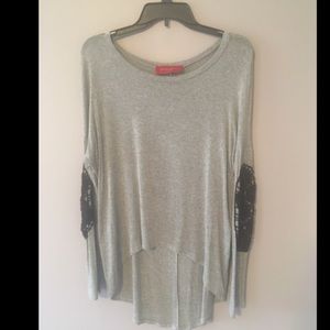 AKIRA Long Sleeve Grey Knit Tunic/Crocheted Elbow