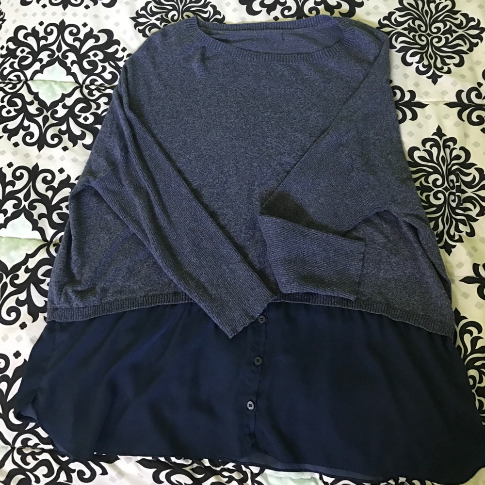 Sweater with blouse underlay at bottom w/ buttons