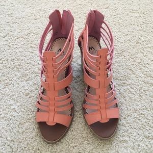 Strappy coral heels. Size 8 (US).