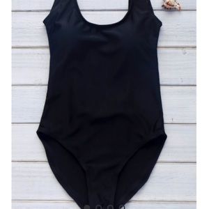 Low back solid black one piece bathing suit