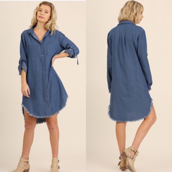 ❣LAST❣ Chic Fringe Denim Look Button Shirt Dress - Picture 2 of 2