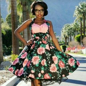 Pinup Girl Ginger Dress in Black and Pink Floral