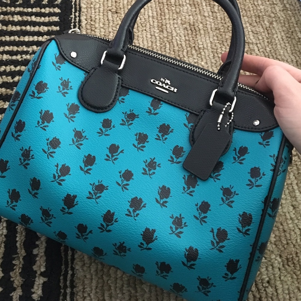 COACH TURQ. BAG W/BLACK TRIM & FLORAL PATTERN, NWT