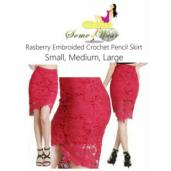 Raspberry Embroidered Crochet Pencil Skirt - Picture 4 of 4